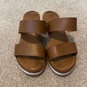 Brown leather slide on wedges